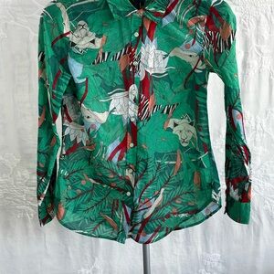 Talbots Teal Jungle Print Button Up Shirt Green tropical Long sleeve women’s XS